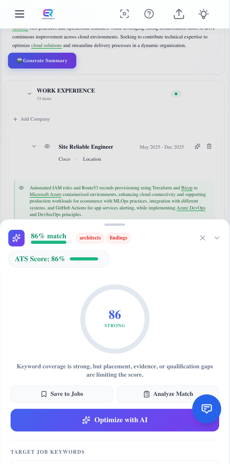 Resume editor on mobile with ATS scoring